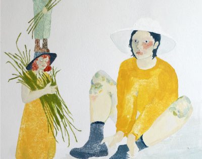 A paintng featuring two figres dressed in yellow, with a third figure perched on the head of one of them