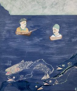 Image of a painting, depicts two people swimming with a large fish / sea creature