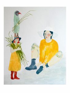 A seated figure wearing yellow, with a girl standing next to them carrying flowers with a bird standing on her head