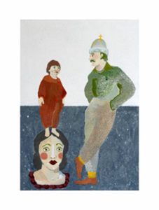 Paintting of a male figure with two female figures beside him, one standing on the head of the other