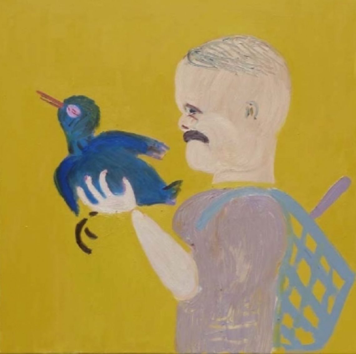 Images shows a painting of a man holding a dark bird against a yellow background