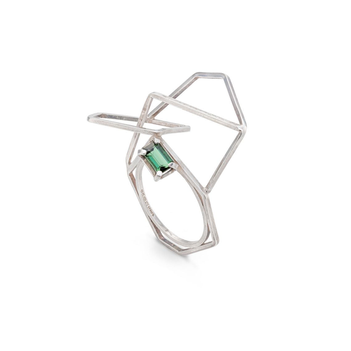 Image shows silver ring with green gem stone