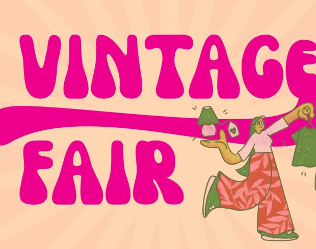 Image shows pink writing, Vintage Fair, with cartoon woman holding an item for sale
