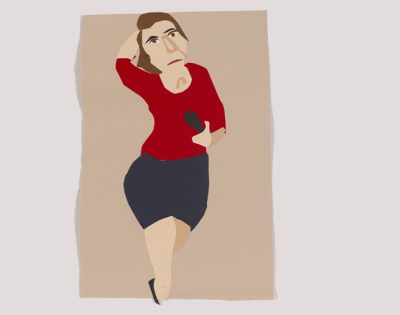 Image shows a collage figure of woman wearing a dark skirt and red top