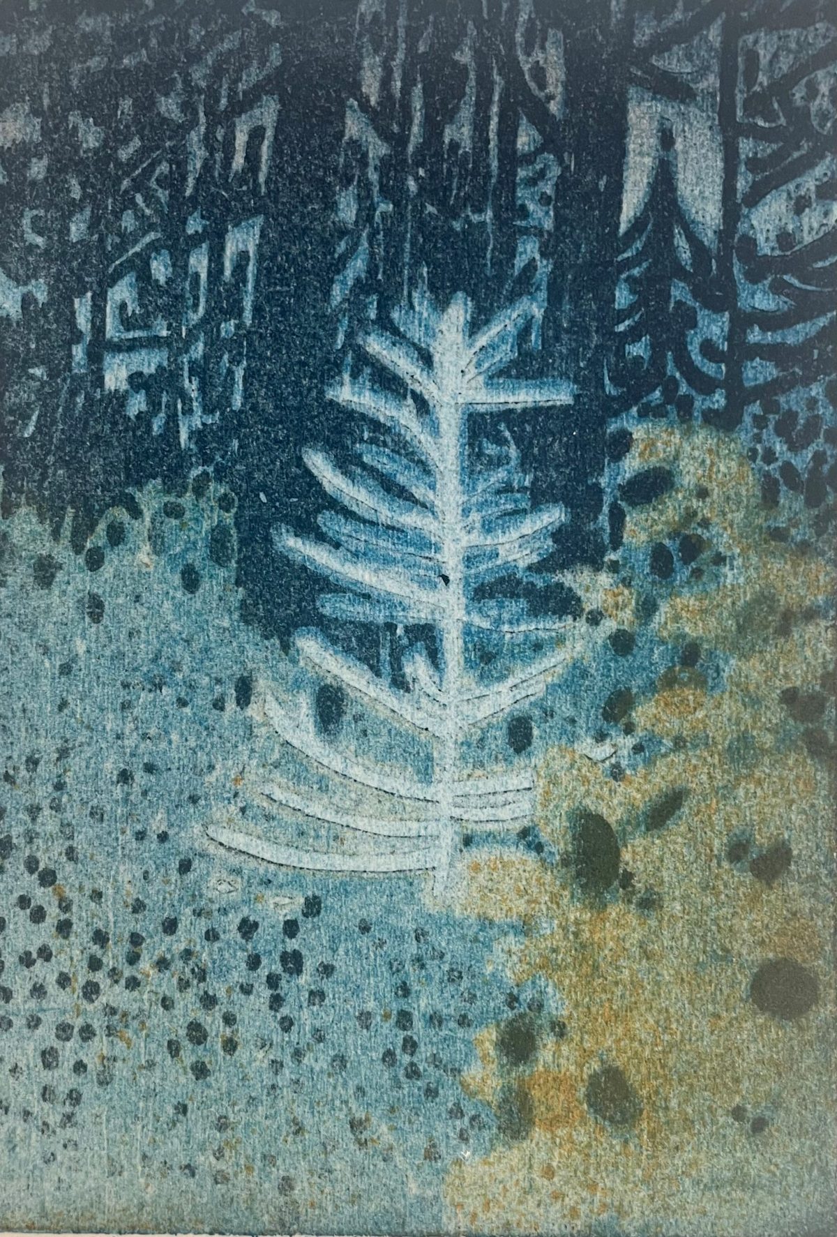 blue white and yellow print of trees and plants