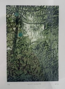 green layered print of a forest
