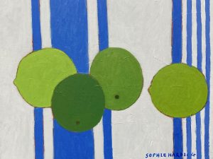 Image shows a paining of 4 limes on blue & white striped cloth