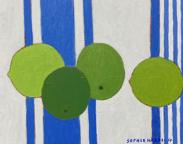 Image shows a paining of 4 limes on blue & white striped cloth