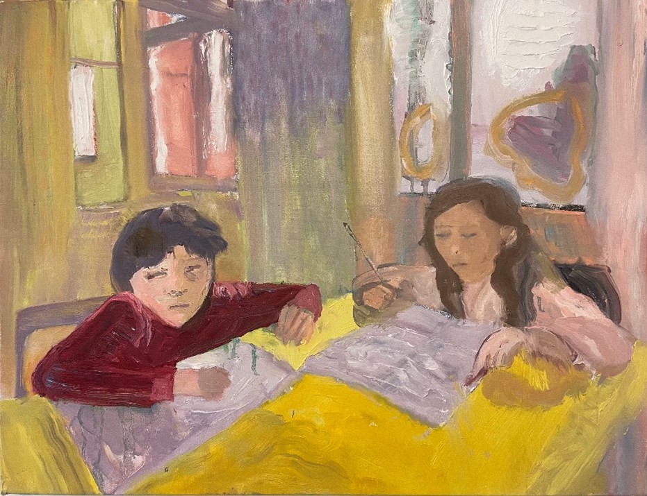 Painting of two children, a boy and girl, seated at a table with a yellow tablecloth