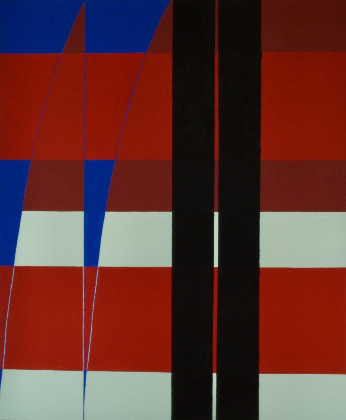 Image shows a red, black, blue and cream asbstract painting