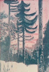 pink and blue print of forest trees