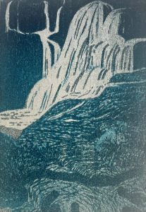 blue and white print of waterfall