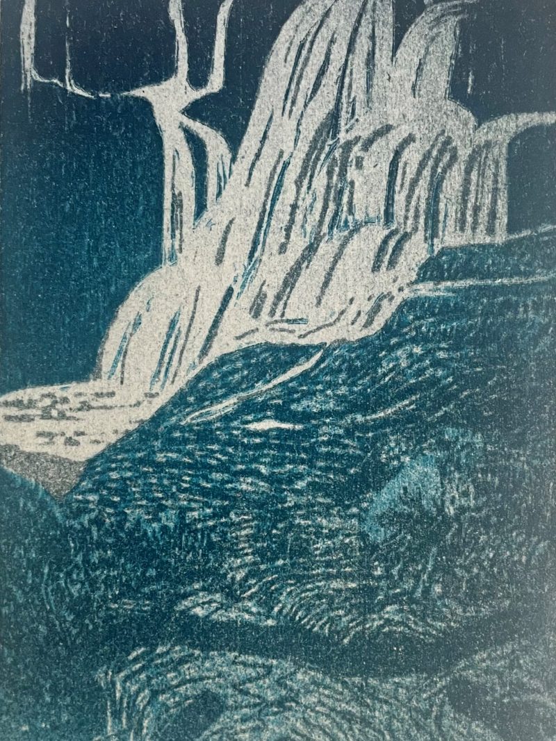 blue and white print of waterfall