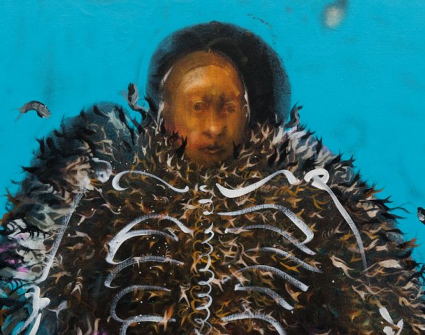 Image shows a painting of a man underwater with his skeleton showing
