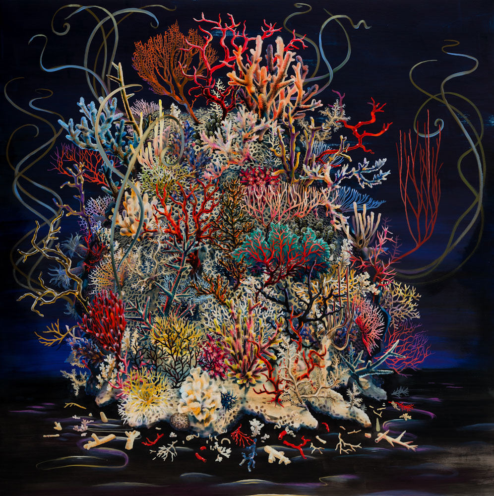 Image shows a painting of coral and sea anemones