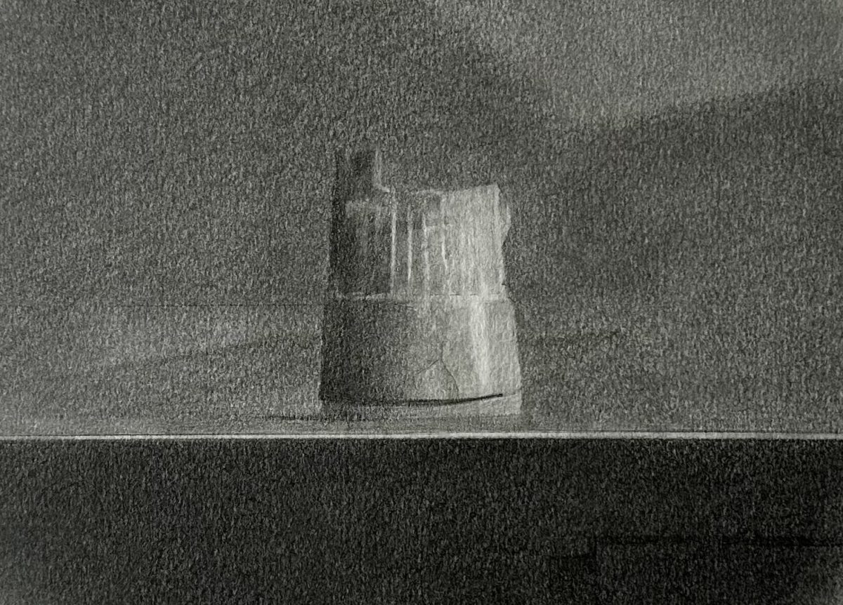 black and white graphite drawing of mini castle sculpture