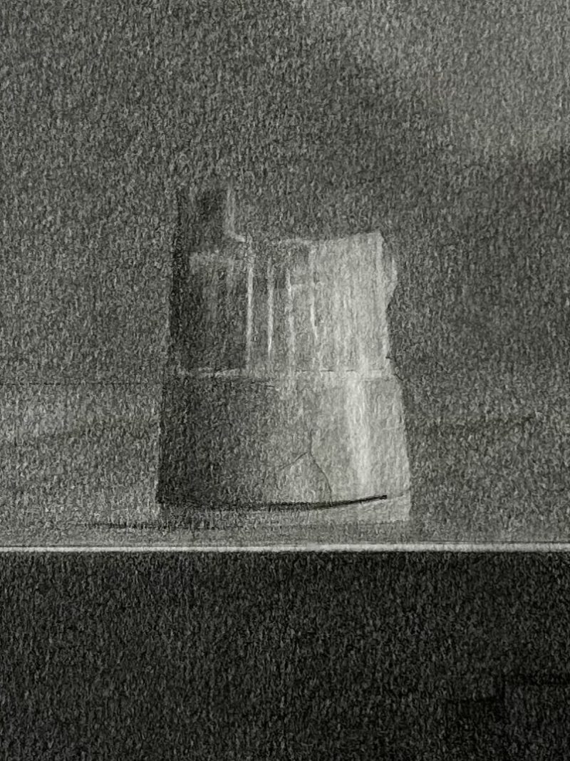 black and white graphite drawing of mini castle sculpture