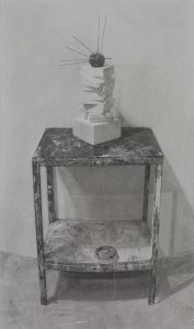 black and white graphite drawing of table and items