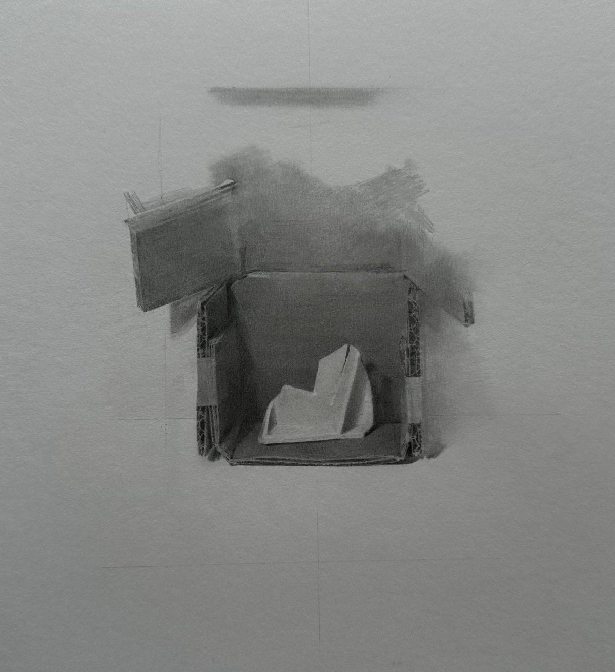 black and white graphite drawing of square object and shadows