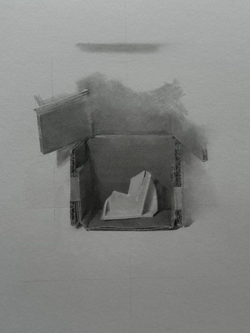black and white graphite drawing of square object and shadows