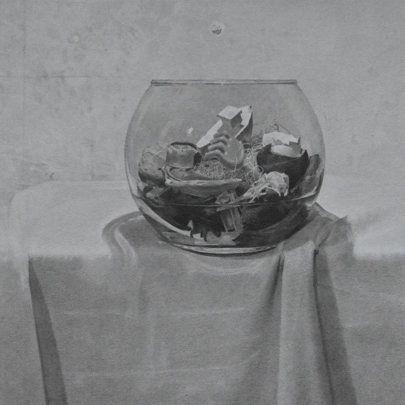 black and white graphite drawing of fish bowl
