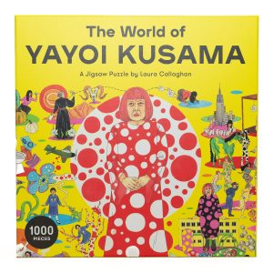 Yellow puzzle box cover with Yayoi Kusama Illustration