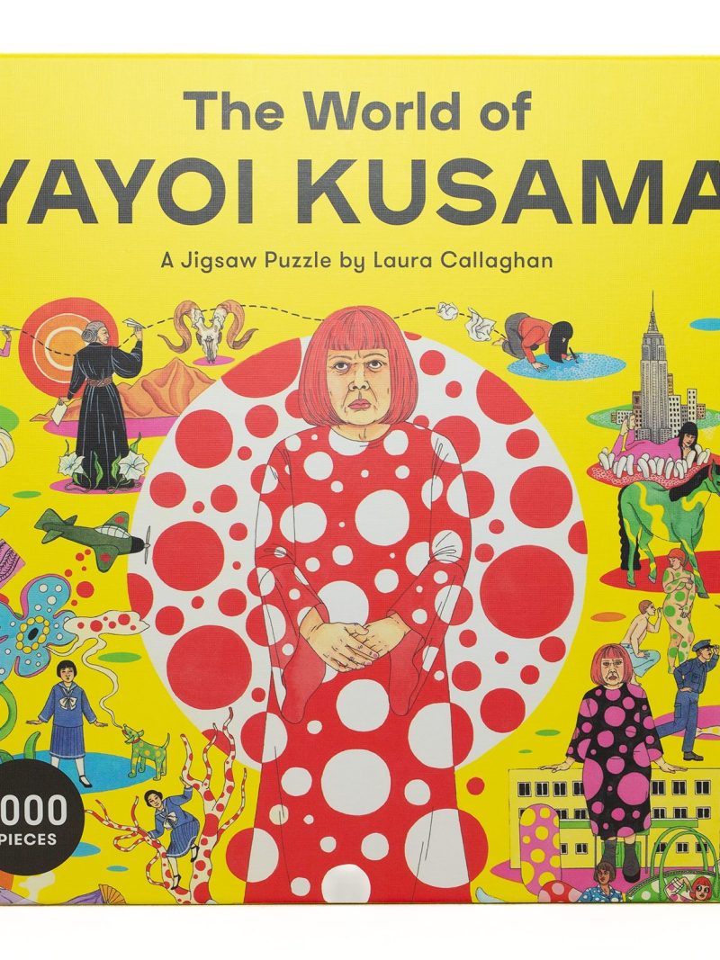 Yellow puzzle box cover with Yayoi Kusama Illustration