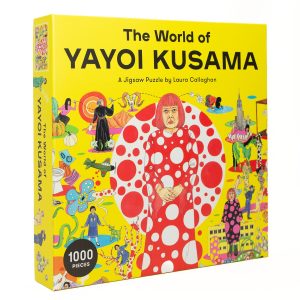 Yellow puzzle box cover with Yayoi Kusama Illustration