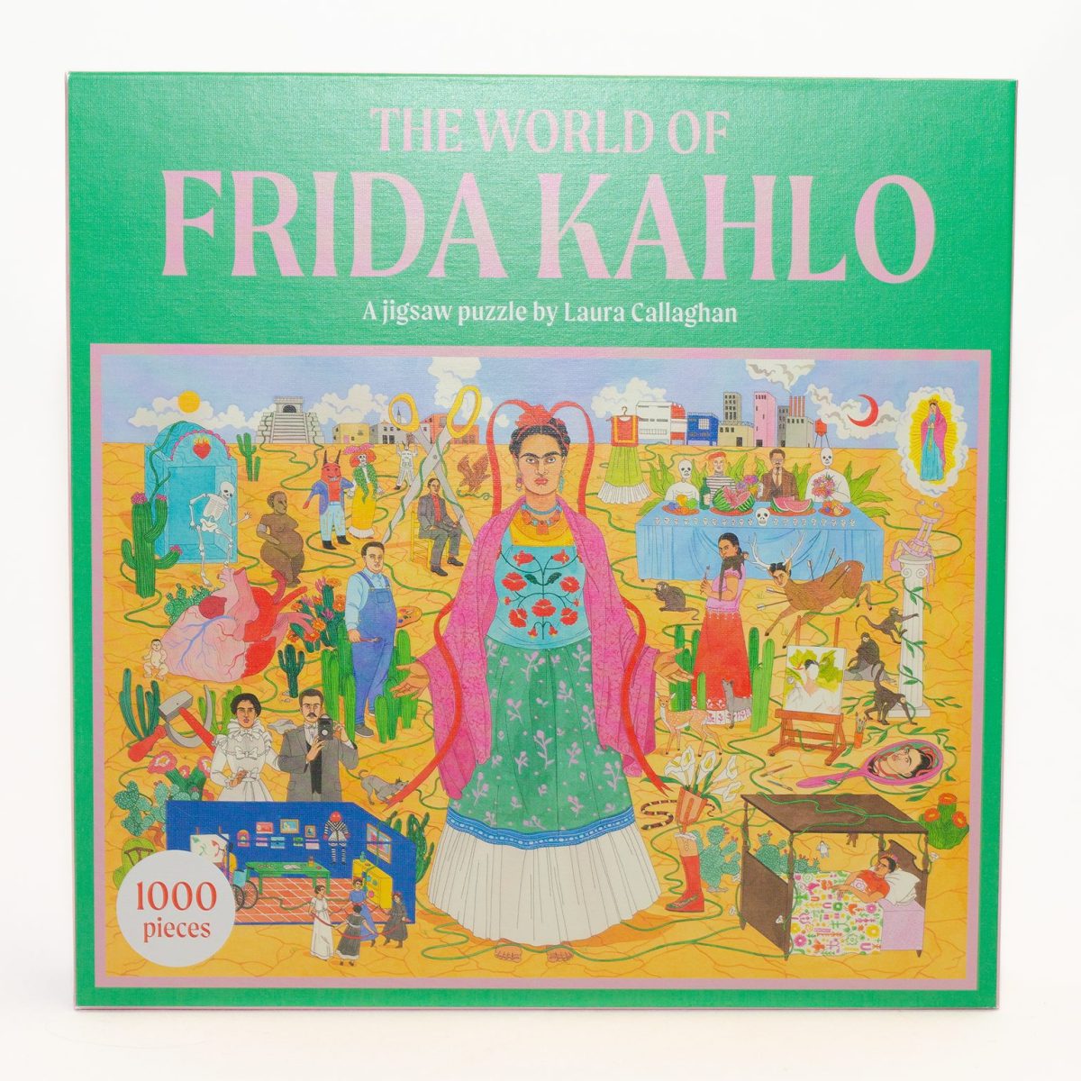 Green and pink puzzle box cover with Frida Kahlo Illustrations