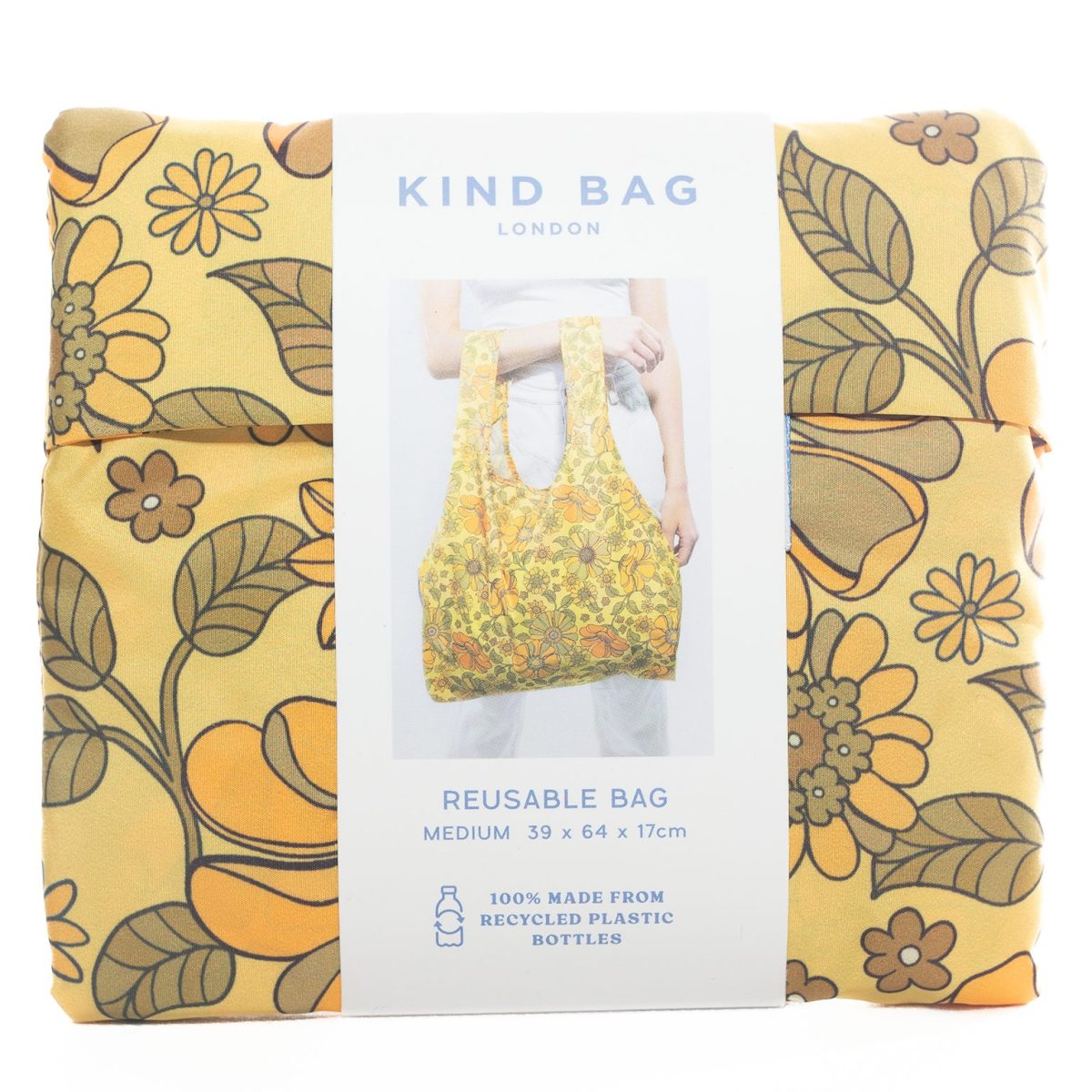 yellow floral folded up reusable bag