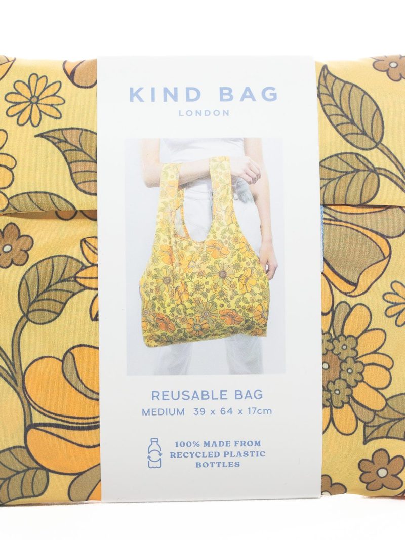 yellow floral folded up reusable bag
